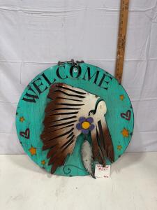 Handmade Metal Welcome Sign, 18" Dia, Native American Headdress & Flower, Turquoise, Hanging Chain