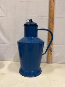 Vintage Hungarian JOSZKISER Blue Enamelware Jug with Lid, 9" Tall, Stamped Mark