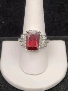 Emerald Cut Red Ruby Faceted Ring, Size 9