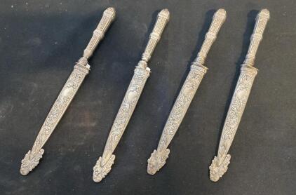 Set of 4 Antique Silver Steak Knives with Ornate Handles and Sheaths ( Unable to Verify )