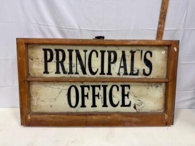 Vintage 1930s-50s PRINCIPAL'S OFFICE Painted Glass Sign, 30"x16", Wood Frame, Cracked Glass