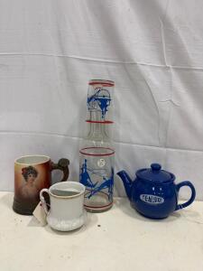 Tealuxe Blue Ceramic Teapot, Vintage Western Glass Carafe Set, Victorian Mugs & Cup Collection
