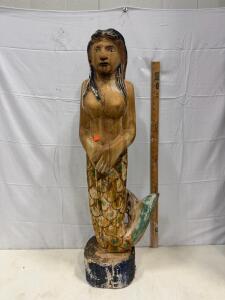Hand-Carved Folk Art Mermaid Statue &ndash; 29.5" Tall Vintage Wooden Sculpture on Painted Base