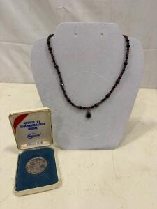 Apollo 11 Sterling Silver Commemorative Medal by Hayward in Original Case + Beaded Necklace