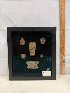 Framed Collection of 6 Mayan-Style Ceramic Artifact Replicas, 13.75"x13.75", Item #942