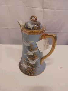 Antique Nippon Porcelain Chocolate Pot, Hand-Painted Cranes, Gold Trim, Japan c.1900s, 9"