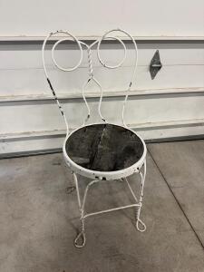 Antique Wrought Iron Ice Cream Parlor Chair, Heart Back, White, Wood Seat, 32" Height