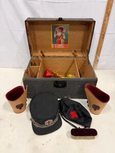 Vintage Red Cross Ceremonial Uniform Set with Hat, Cap, Epaulettes, and Wooden Case