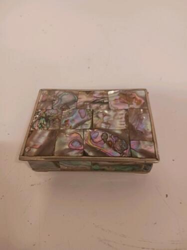 Mexican Silver & Abalone Inlay Trinket Box, Rectangular, Hinged Lid, Dark Wood Interior