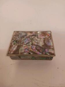 Mexican Silver & Abalone Inlay Trinket Box, Rectangular, Hinged Lid, Dark Wood Interior