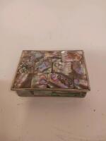 Mexican Silver & Abalone Inlay Trinket Box, Rectangular, Hinged Lid, Dark Wood Interior