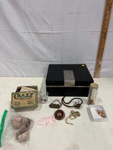 Vintage Crazy Crystals Box, Dice, Bolo Ties, Minerals, Shot Glass & Misc Collectibles Lot
