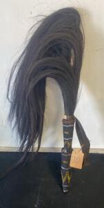 African Ceremonial Fly Whisk, Beaded Handle, Horsehair, Leather Strap, ~20" Length, Geometric Design