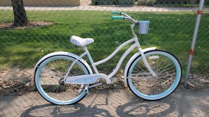 Step-Through Cruiser Bike, Single Speed, 26" Wheels, White/Blue, Basket & Fenders Included