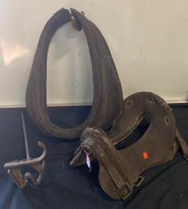 Vintage Leather Horse Collars Pair & "W" Branding Iron - Antique Farm Equipment, Display or Use