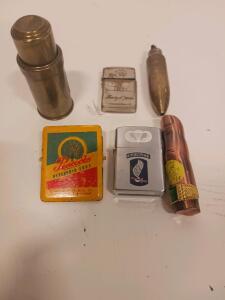 Lot of Vintage Petrol Lighters: WWII 'Memory of Japan', Bullet & Airborne Zippo-Style, Novelty Thumb + Peacock Tin