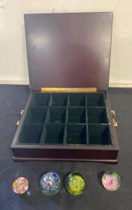 Decorative Glass Paperweights Set with Wooden Display Box, 4 Multi-Colored Designs, Brass Handles