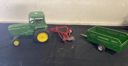 John Deere 4430 1/16 Die-Cast Tractor w/ Cab, Trailer, Red Hay Mower, Vintage Ertl Style Set
