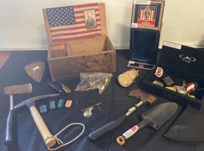 Vintage Americana Mixed Lot &ndash; Tools, Hatchets, Fishing Gear, CAO Cigar Boxes, Wooden Flag Box