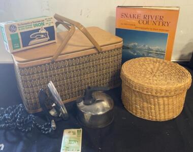 Vintage Woven Picnic Basket with Hinged Lid and Dual Handles - Vintage Iron and More