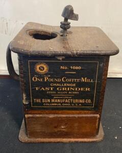 Antique Sun Manufacturing Co. No. 1080 One Pound Coffee Grinder, Steel Alloy Buhrs, Columbus OH