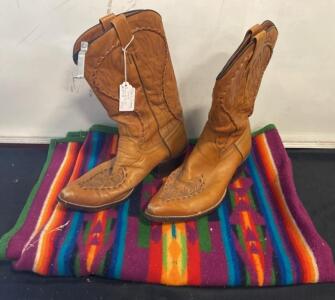 Mason Genuine Big 12 Men&rsquo;s Tan Leather Cowboy Boots, Size 9.5D, USA-Made, Stitched Detail