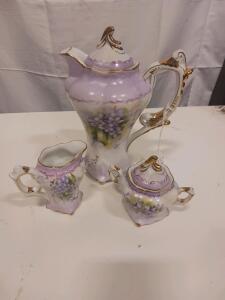 Antique Hand-Painted Porcelain Tea Set with Violets and Gold Trim