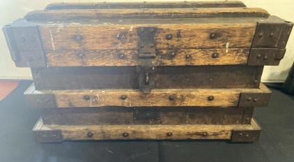 Antique Flat-Top Steamer Trunk, Metal & Wood, ca. 1880&ndash;1920, Heavy Riveted Construction