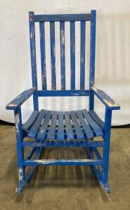 Vintage Blue Wooden Rocking Chair with Slat-Back Design and Distressed Finish
