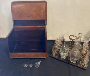 Antique French Tantalus Liquor Cabinet, Parquetry Inlay, 2 Decanters, 10 Etched Glasses