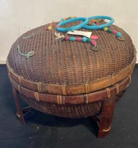 Vintage Woven Sewing Basket with Stand, Colorful Beads, Sewing Notions, ~18" Diameter
