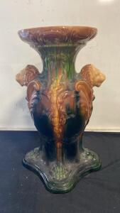 Majolica Art Pottery Pedestal with Lion Head Motifs, Glazed Ceramic, 21" Tall, Circa 1920s-1940s