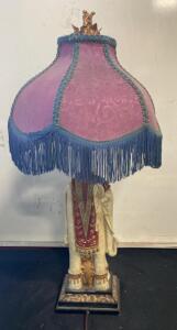 Vintage Elephant Table Lamp with Ornate Finial and Decorative Fringe Shade- Working