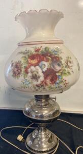 Vintage Electric Hurricane Lamp with Hand-Painted Floral Glass Shade, 20" Tall - Works