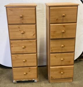 Pair of Solid Pine 5-Drawer Vertical Chests, Natural Finish, 42" H x 16" W x 13" D