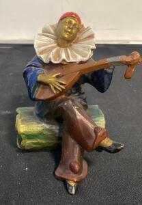 Hand-Painted brass Clown Figurine Playing Stringed Instrument &ndash; Multicolored, Detailed Design