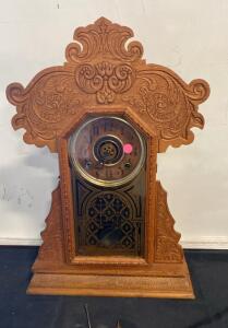 Antique Victorian Carved Oak Mantel Clock with Bell Strike and Key-Wound Movement