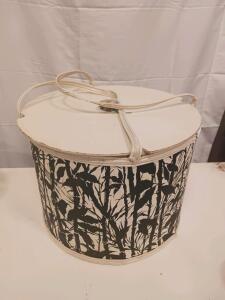 Vintage Black & White Round Sewing Box Caddy w/ Handle, Tray & Threads, Est. 1960s-1970s