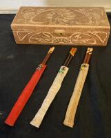 Hand-Carved Wooden Box Set with 3 Pairs Decorative Chopsticks & Beaded Covers, Native American Design