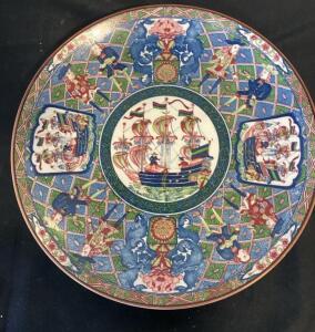 Tominaga Toen Japanese Imari Charger Plate, Dutch Ship & Traders, 12&rdquo; Hand-Painted Porcelain