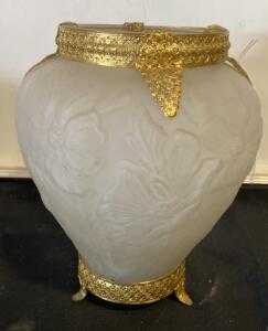 Vintage Frosted Glass Decorative Vase with Gold Filigree 10&rdquo;