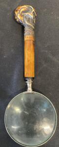 Antique Handheld Magnifying Glass, Skull Carved Handle, 4" Glass Lens