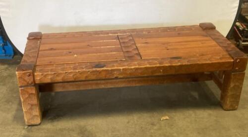 Rustic Hand-Carved Wooden Coffee Table with Carved Edge Pattern and Thick Block Legs
