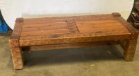 Rustic Hand-Carved Wooden Coffee Table with Carved Edge Pattern and Thick Block Legs
