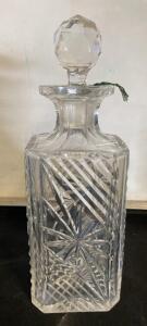 Square Crystal Decanter with Faceted Stopper, Starburst Cut, Approx. 11.5" Tall, Clear Glass