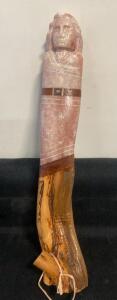 Hand-Carved Native American Style Spirit Figurine, Alabaster & Wood, Turquoise Inlay, 10&rdquo;