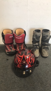 (1) OGV Harley Davidson Motorcycle Helmet (1) Pair Thirty Two Brand Motorcycle Boots (1) Pair Thor Motorcycle Boots