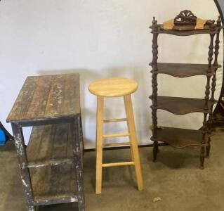Vintage Wooden Four-Tier &Eacute;tag&egrave;re Display Shelf, Ornate Spindles, Removable Crest, 60" Tall - Wooden Table and Stool