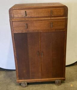 Antique Solid Oak Cabinet with 2 Drawers, Double Doors, Arts & Crafts Style, Circa 1920-1940