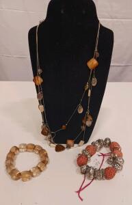 Fashion Jewelry Set: Multi-Strand Necklace & Bracelets, Amber & Reddish-Brown Beads